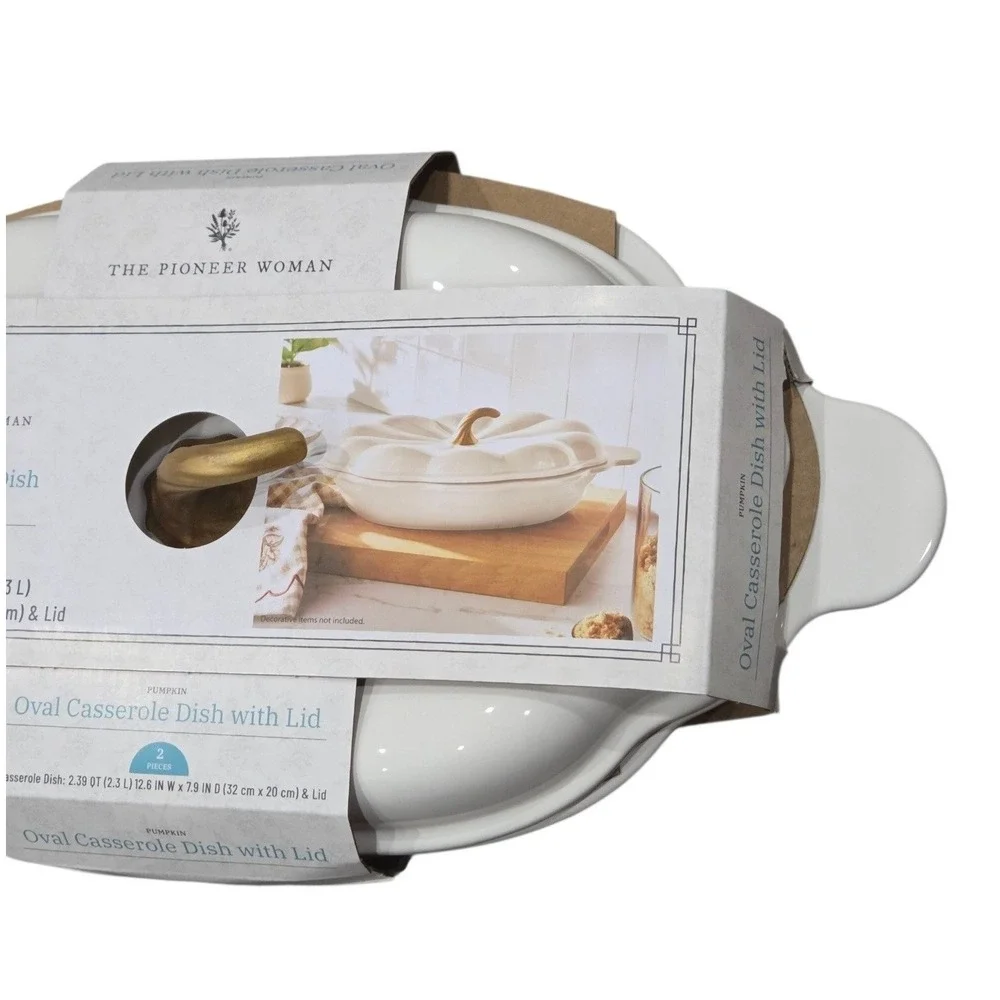 Pioneer Woman Pumpkin Oval Casserole Dish with Lid 2.39 QT White Gold Handle NEW